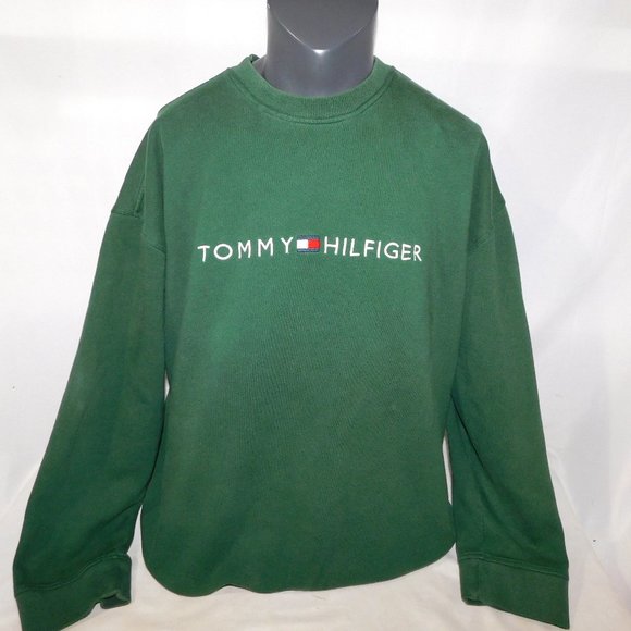 Tommy Hilfiger Mens 2XL Green Crewneck Pullover Spellout embroidered Sweatshirt - Picture 1 of 9